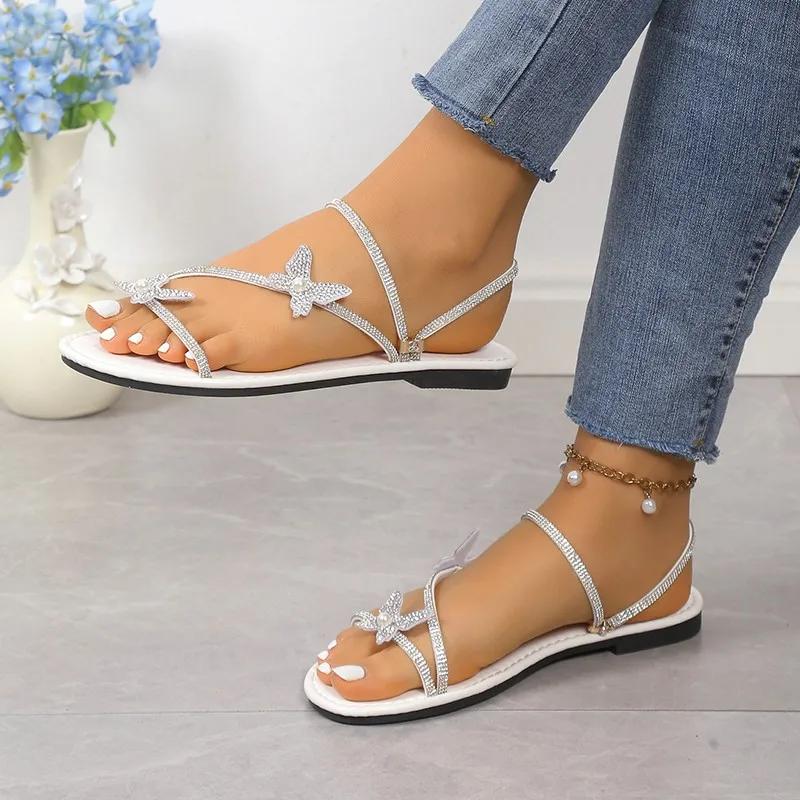 Fashion Ladies Shoes 2025 New Open Toe Women's Slippers Fashion Crystal Butterfly-knot Daily Summer Plus Size Best Seller Flat Slippers