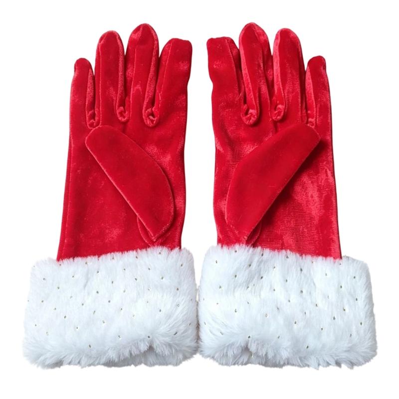 Christmas Costume Gloves for Adult, Red Gloves with Furry Plush Cuffs, Decorative Handwear for Holiday Festival Event Photography