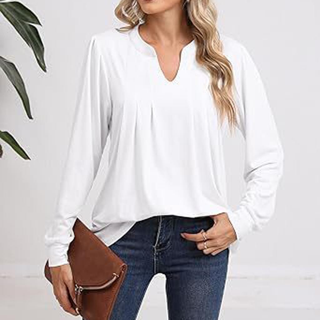Women's Fashion Casual Long Sleeve Tops Solid Color V-Neck Tops