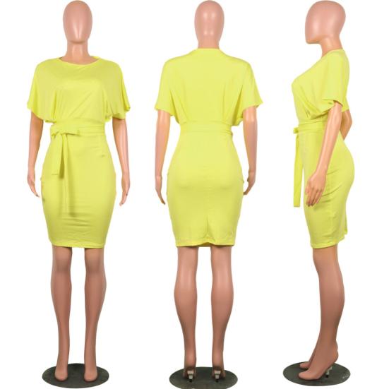 Damen Einfarbig Kurzarm O-Ausschnitt Gürtel Cocktail Bodycon Knielanges Kleid