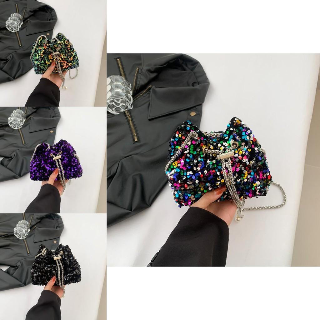 Stylish Bucket Bag With Shimmering Sequins In Black Purple Green Or Colorful Options