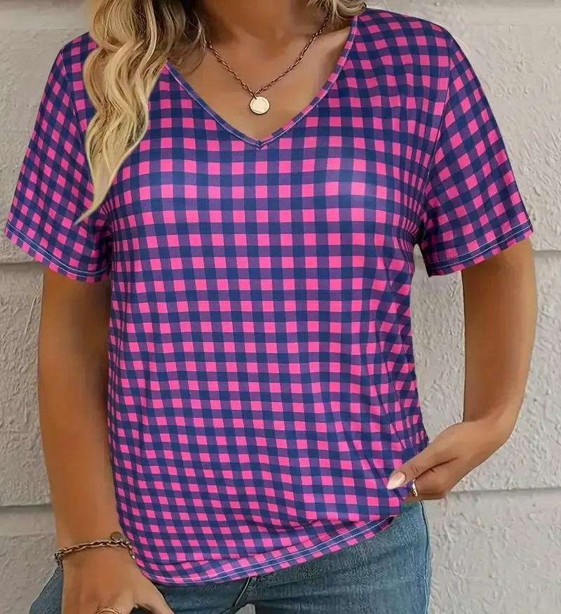 S-8XL Plus Size Women's T-shirt Plaid Pattern Print Summer Casual Short Sleeve Tops Tees Outdoor Fashion Loose Oversize Clothing
