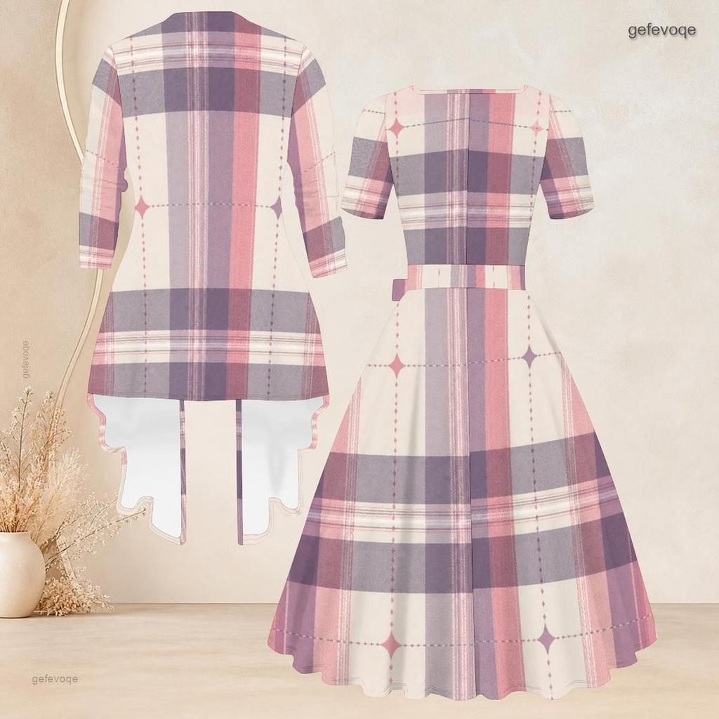 Women Plus Size Two Piece Set Abstract Printed Square Neck Tie Waist Flared Dress 3 4 Sleeve Cardigan
