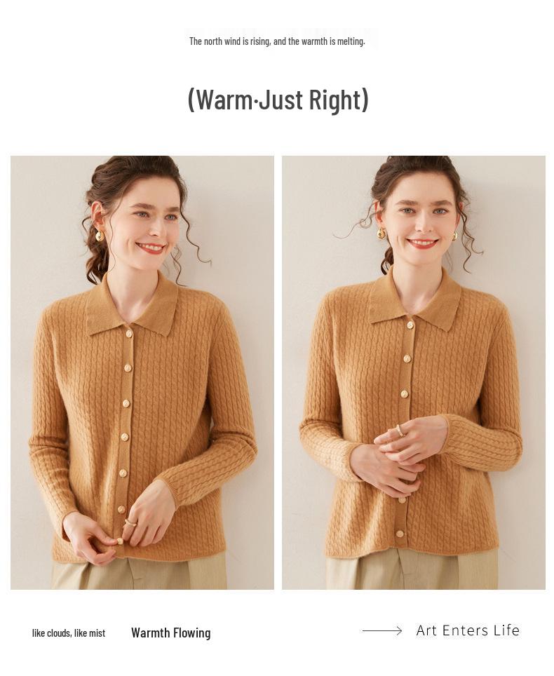 Women's Twist Pattern Polo Collar Wool Cardigan - Autumn/Winter Slim Fit Cashmere Knit Sweater