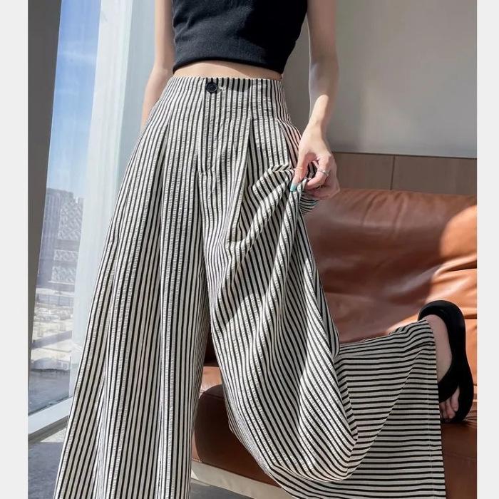 Women s High-Waisted Striped Casual Pants: Summer 2025 Wide-Leg Cover-Up Small абрикосовый
