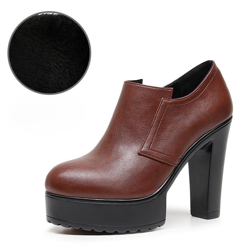 12cm Malá Velikost 32-43 Hluboký Výstřih Boty z Měkké Kůže Platformové Lodičky Podzim Zima Blokový Vysoký Podpatek Boty s Kožešinou Kancelářský Model