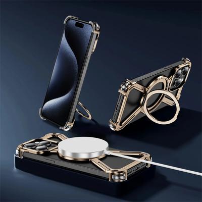 Luxury Z Shape Aluminum Alloy Rimless Magnetic Phone Case For iPhone 16 15 14 13 Pro Max Magsafe Metal Stand Shockproof Hard Cover