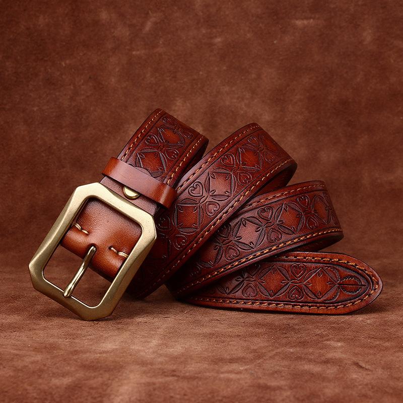 

3.8CM Thick Cowhide Copper Buckle Genuine Leather Casual Jeans Belt Men High Quality Embossing Retro Luxury Male Strap Cintos 125cm хакі