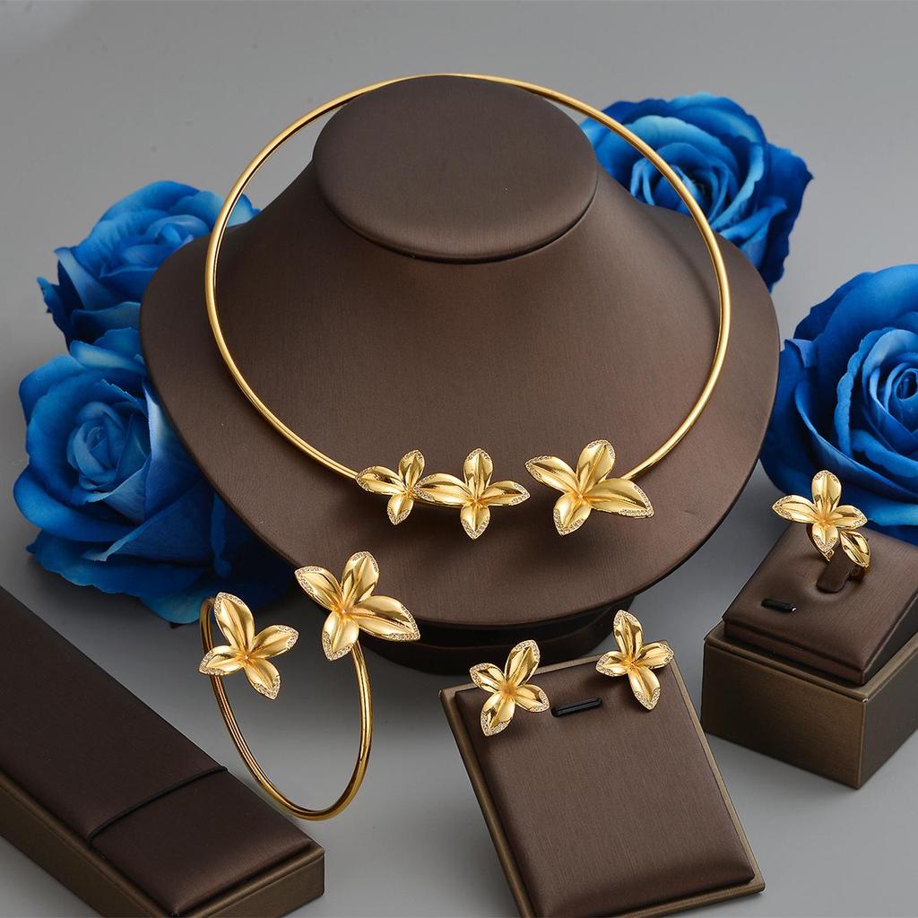 Luxury Five-Petal 18K Gold Adjustable Necklace & Ring Set for Women