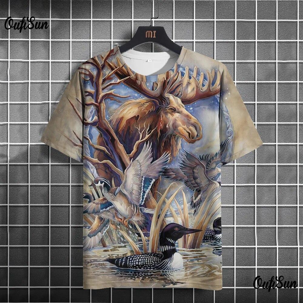 3d Animal Print Men's T-Shirt Deer Pattern Tops Fashion Street Short Sleeve Crew Neck Pullover Oversized Men's Clothing