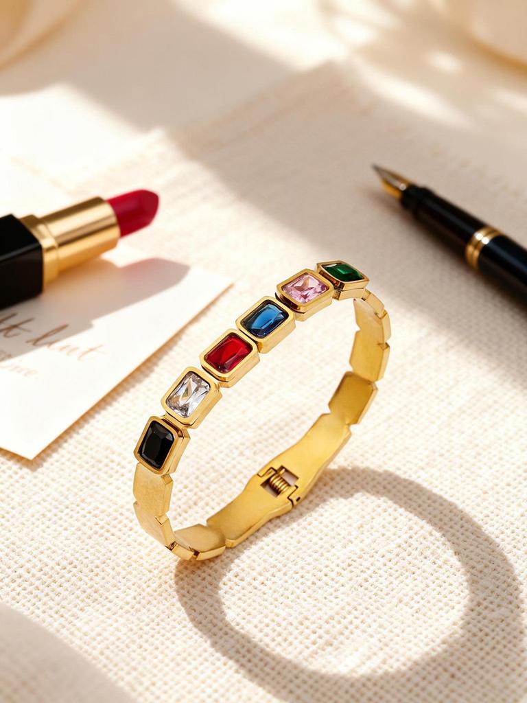 18K Gold Plated Stainless Steel Bracelet with Square Colored Glass Stones In Trendy European and American Niche Design - Fade Resistant.