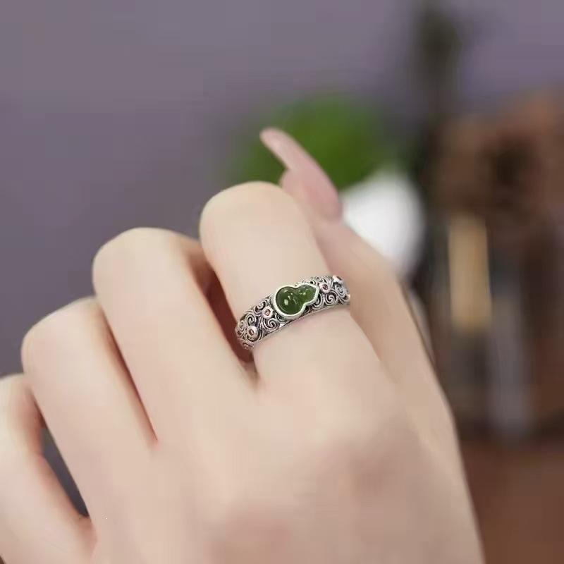 2026 Women's Niche Chinese Style Hetian Jade & Sterling Silver Gourd Ring with Auspicious Clouds Design