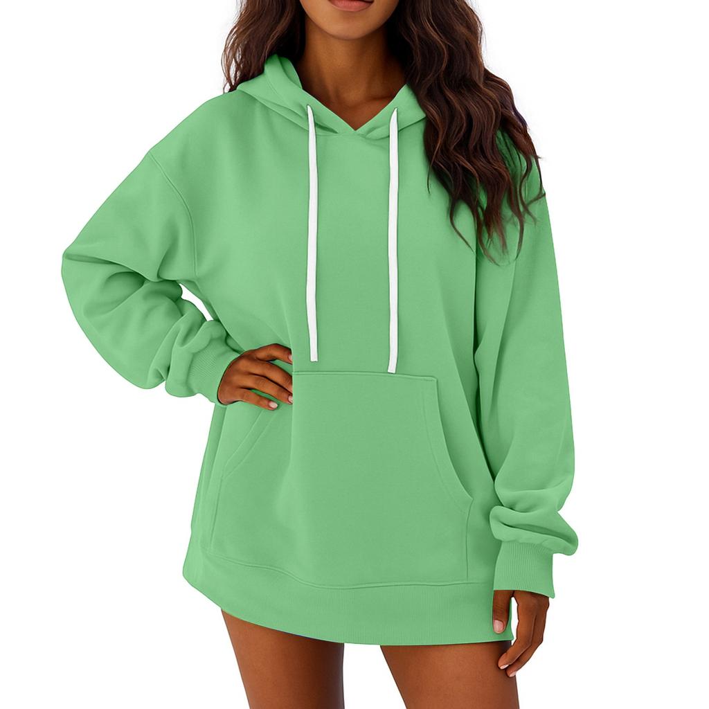 Women's Solid Color Long Sleeved Loose Casual Mid Length Pullover Hoodie Sweatshirt
