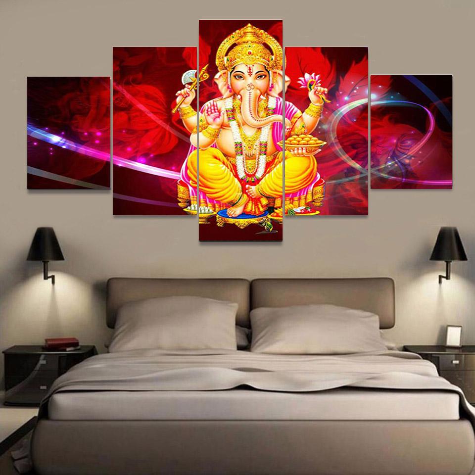 5 Panels Elephant God Vintage Hindu Lord Ganesha Canvas Painting Posters and Prints Wall Art Pictures Home Decor No Frame