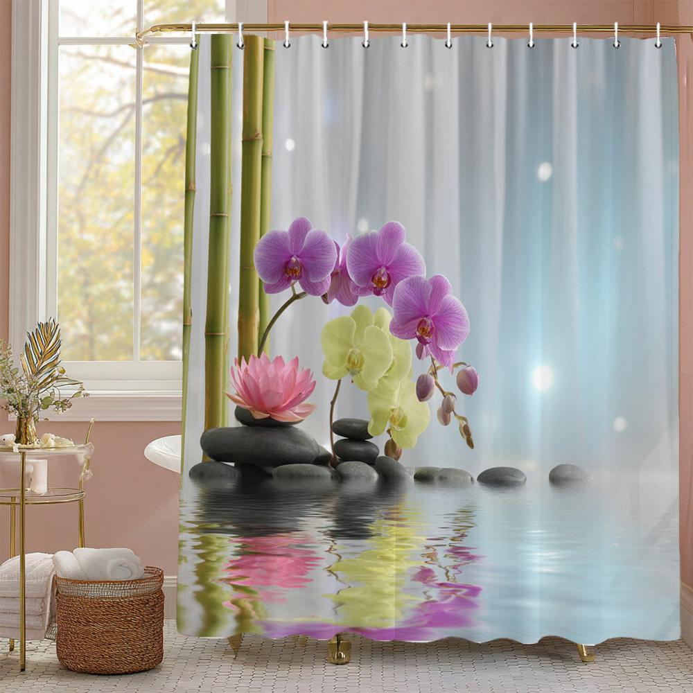 Zen Garden Bamboo Spa Stone Flower Theme Shower Curtain, Bathroom Decorative Shower Curtain, Print polyester Curtain with Hooks