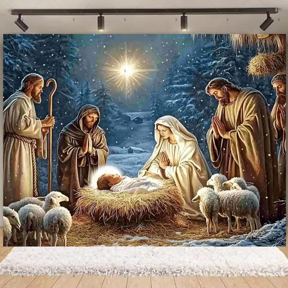 Nativity Scene Background Banner Starry Night Traditional Christmas Religious Jesus Backdrop Supplies Christmas Party Decoration