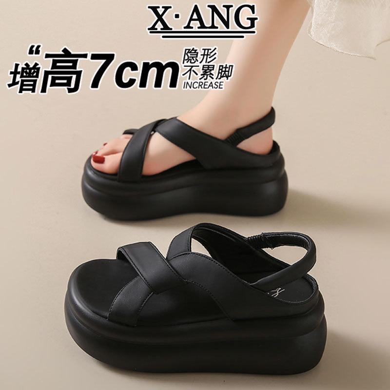 

7Cm heightening thick-soled small man leather soft-soled sandals women s 2025 new summer skirt Roman women s shoes 40