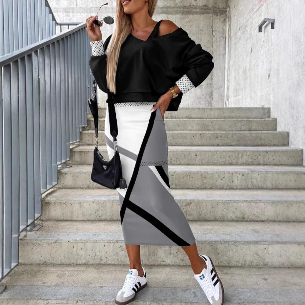 Autumn and Winter New Fashion Bat Sleeve Sweater Long Skirt Hip Suit Skirt Women's Clothing