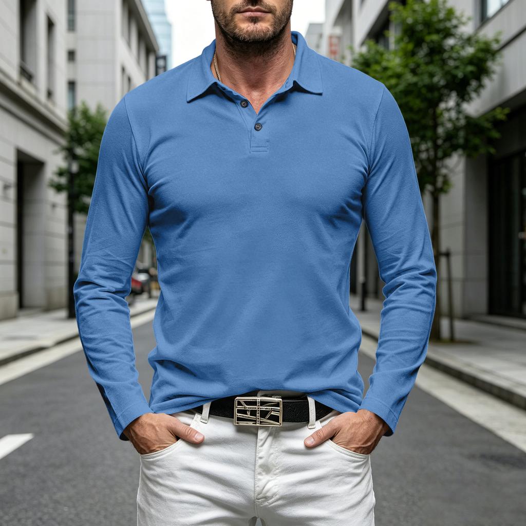 Men's Casual Loose Fit Long Sleeve Polo Shirt Button Collar Soft Fabric Comfortable Everyday Wear