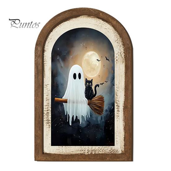 Cute Ghost Arch Shaped Sign Halloween Wall Decor, Table Sign, Vintage Framed Fall Season Decorative Accent Picture, Art for Mantel Living Room Bedroom
