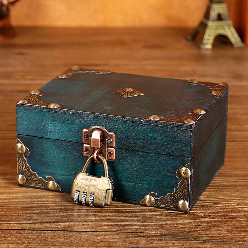 Vintage Wooden Storage Box Small Wooden Storage Chest Trunk Pirate Treasure Chest With Lock Trinket  Jewelry Necklace Decor Box
