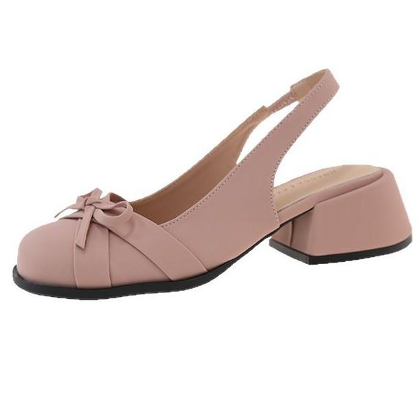 2025 Spring and Summer New Sweet Small Square Head Thick Heel Bow Bag Head Sandals Women's Satin Light Mouth Rear Strap Single Shoes