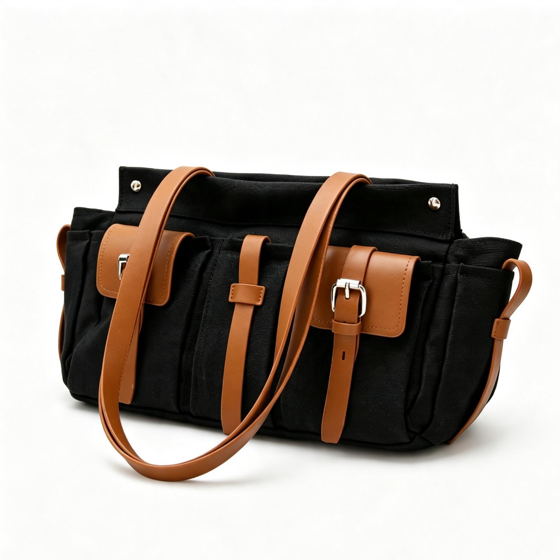 Luxe Canvas Leer Multi-Pocket Tote Bag, Dames Ritssluiting Vintage Schoudertas, Motorrijder Stijl Handtas, Lichtgewicht 35X17X24CM