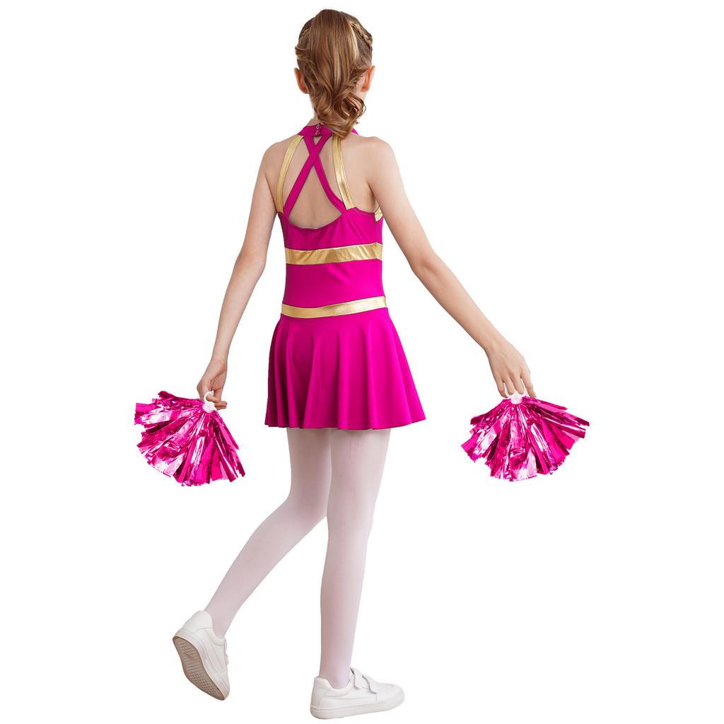 Girls Sleeveless Letters Printed Patchwork Hollow Back Dress Tassel Flower Balls Pair Cheerleading Dance Costume