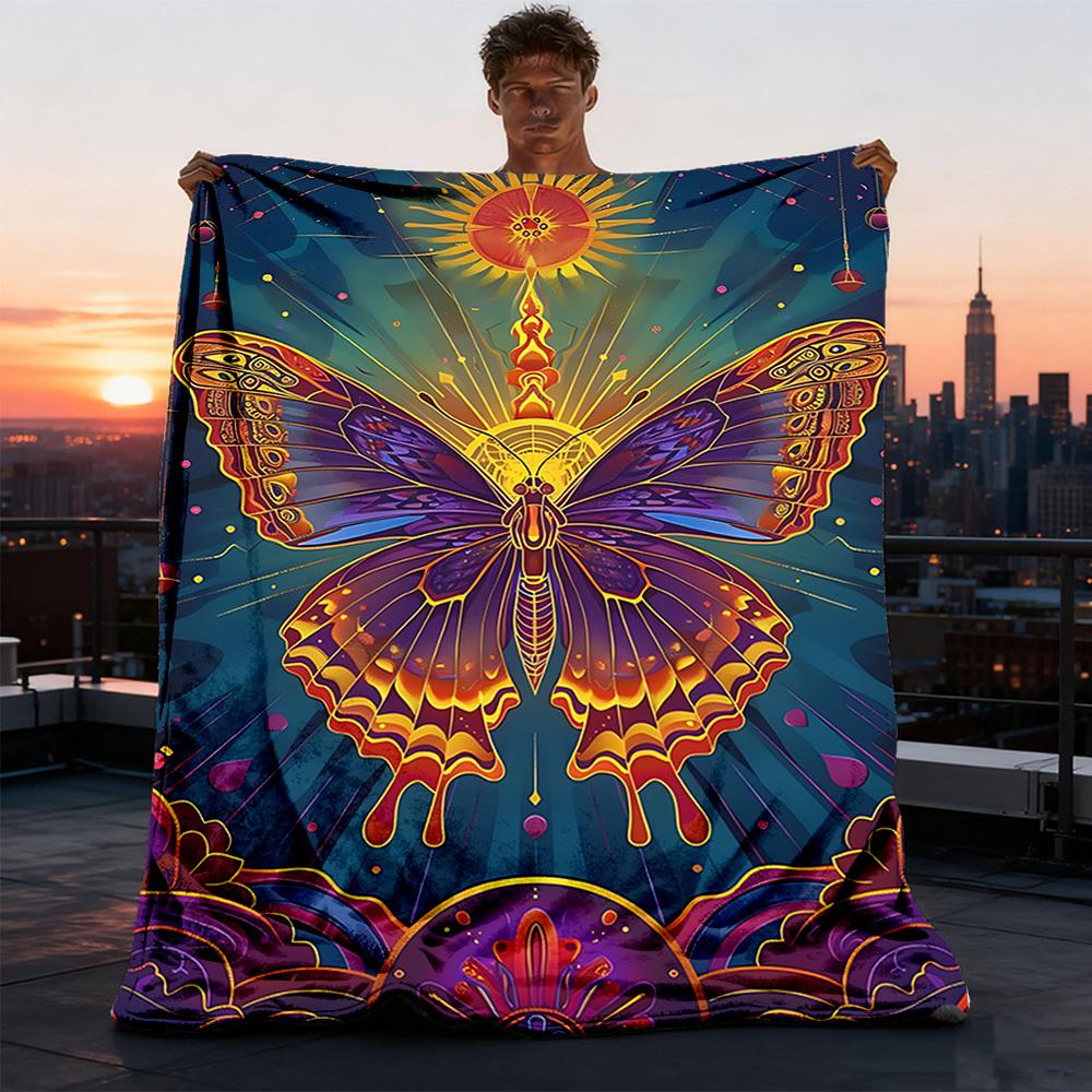 1pc Butterfly Art Print Outdoor Flannel Blanket Soft All Season Polyester Throw , Perfect for Picnics & Travel , Picnic Accessory
