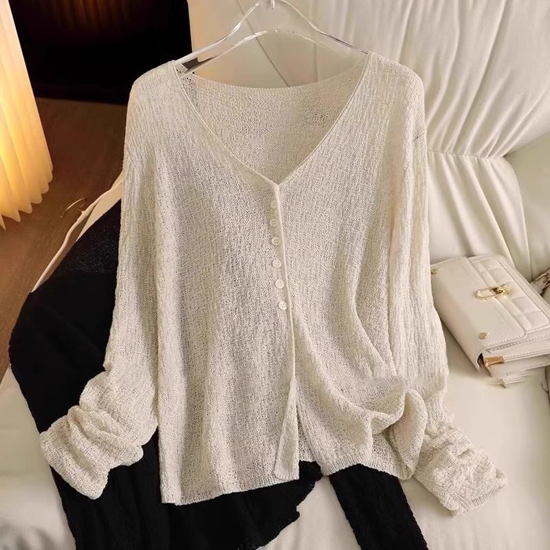 V-neck Long Sleeve Thin Knitted Cardigans Women Spring Summer Hollow Out Sun Protection Clothing Shirt Slim Single Breasted Tops