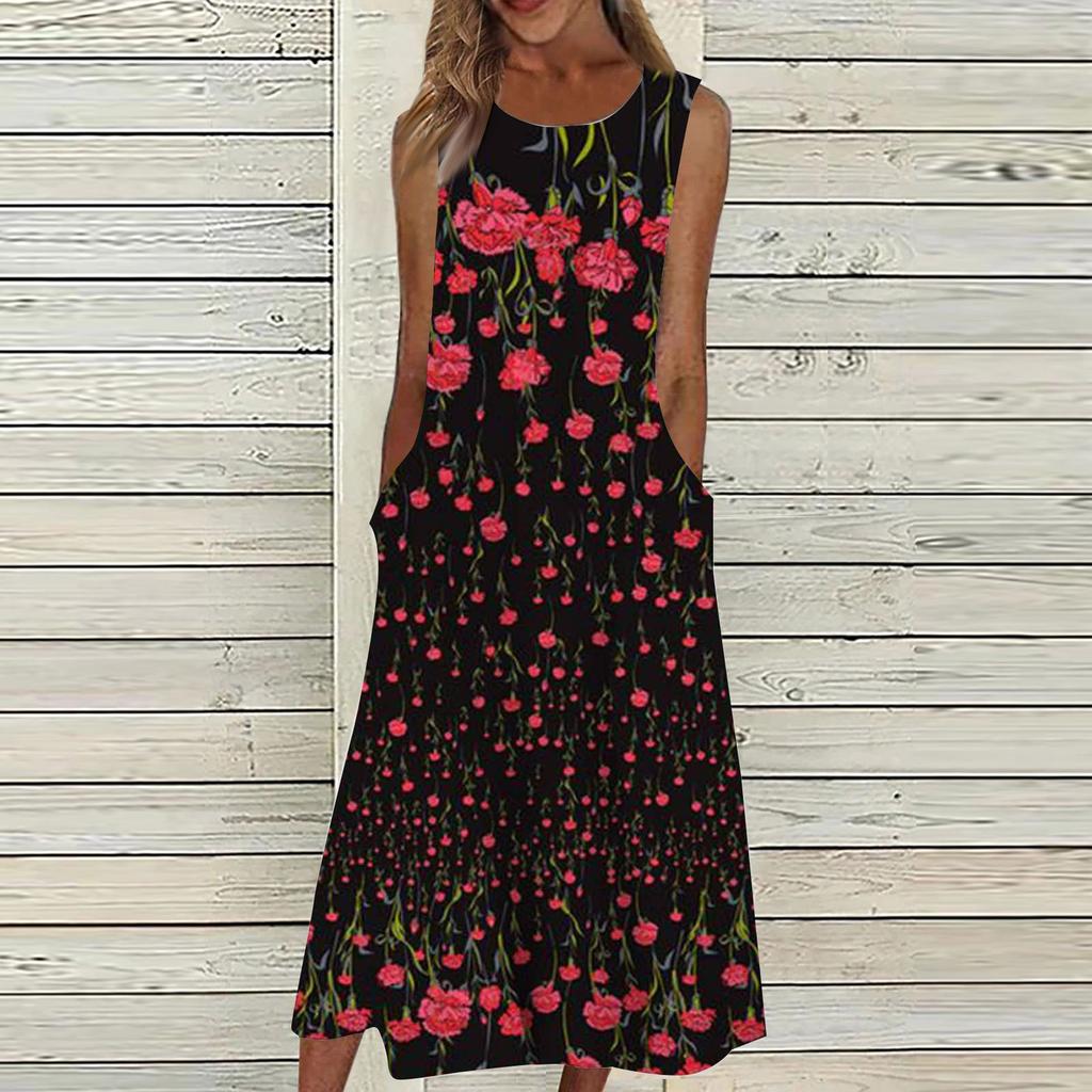 Dámské neformální tištěné šaty s kulatým výstřihem, základní klasické venkovní denní šaty bez rukávů volné