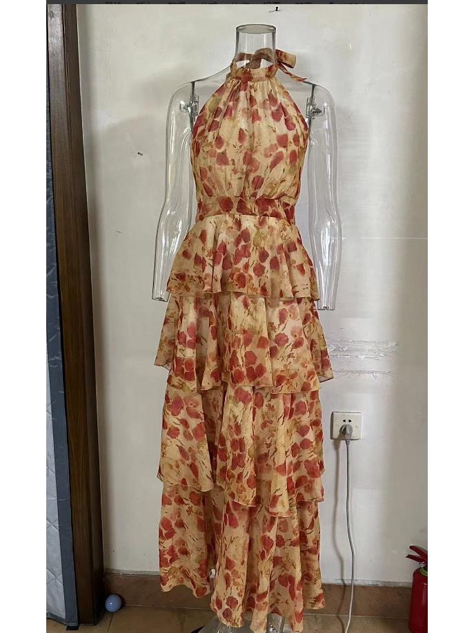 2024 Autumn European & American Fashion: Sleeveless High-Waist Sweet Print Dress XXXL цветочный