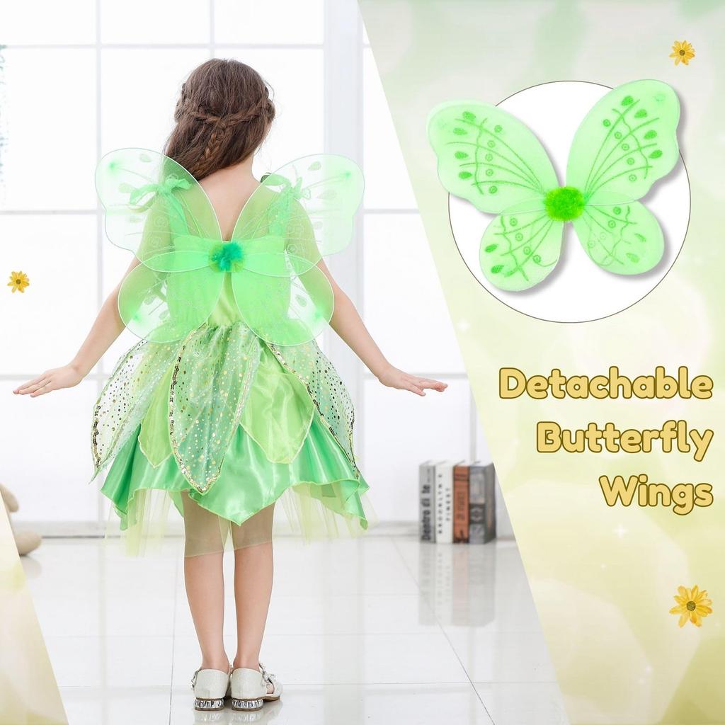 Toddler Girls Tinkerbell Costume Cosplay Dress Set Kids Princess Fairy Fancy Dress Halloween with Wings Green Size Years Old 120 [Dressy Daisy] 6-8
