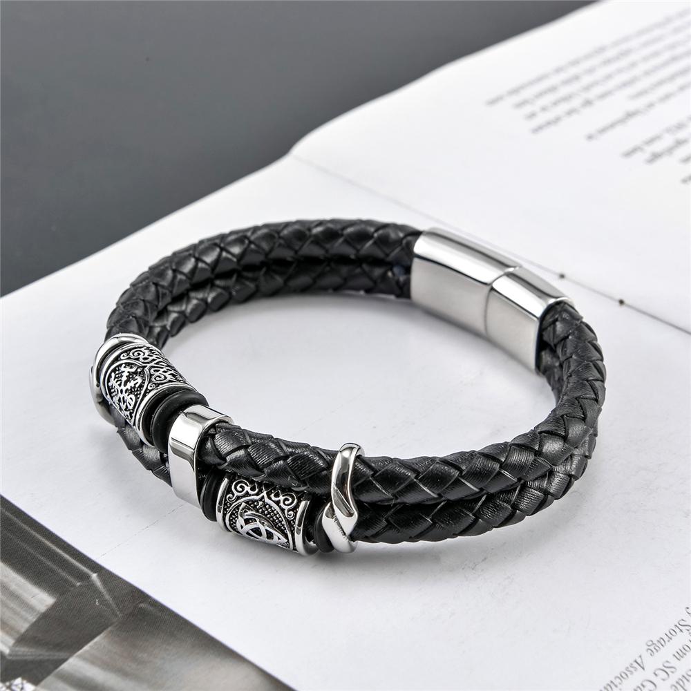 Norse Runes Double-Layer Genuine Leather Bracelet Men Stainless Steel Accessories Wristband Viking Couple Jewelry Handmade Gifts