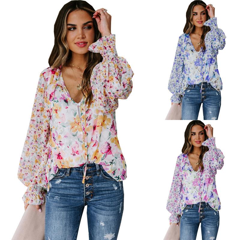 women's Ruffled V Neck Floral Printed Puff Long Sleeve Blouse Casual Loose Fit Shirt Top