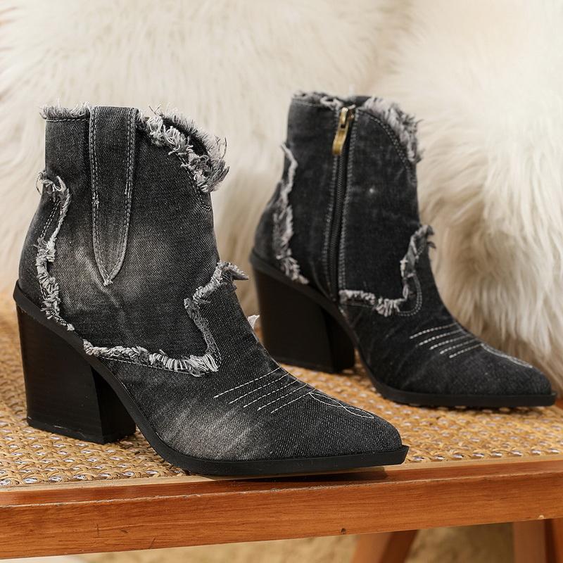 

Women Denim High Thick Heel Short Boots Pointed Toe Western Boots Side Zipper Ankle Boots for Office Nightclub Party Banquet Pub 41 чорний