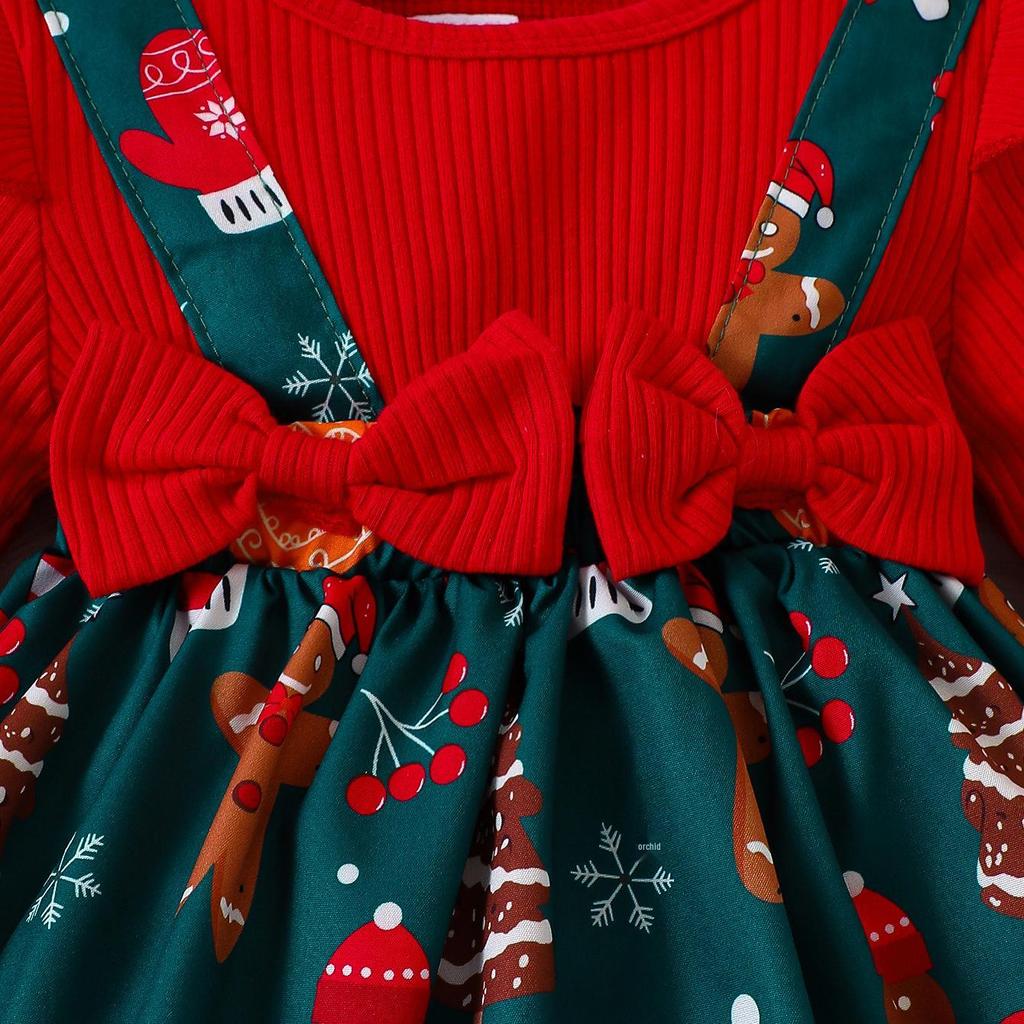 Children's Ribbed Long Sleeve Bow Christmas Dress for Girls