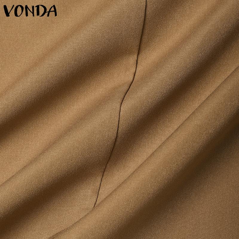 VONDA Women's Summer Standing Collar Bubble Short Sleeve Tie Button Solid Colour Loose Blouse