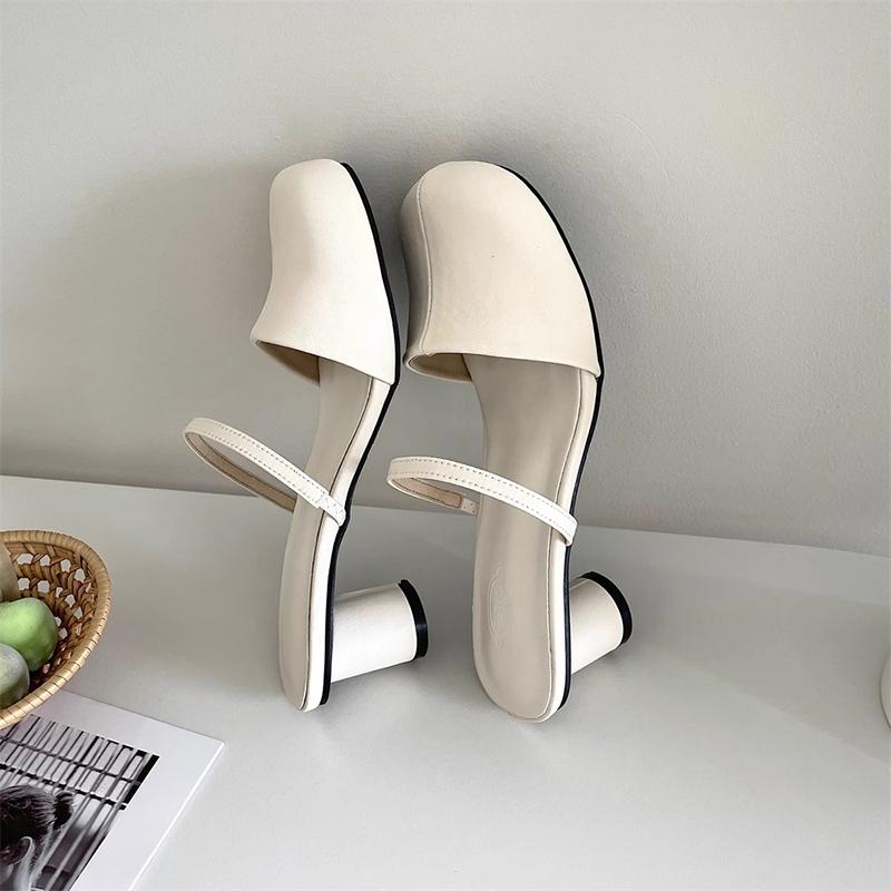 

Summer Cover Toe Women Slippers Elegant Slip On Thick Heel Slide Ladies Concise Party Dress Sandalias 35 бежевый