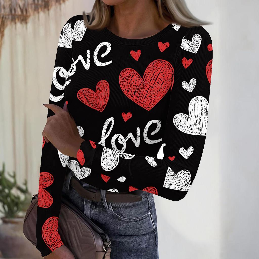 Women's Casual And Fashionable Round,neck Long,sleeved Ribbed Top With Valentine's Day Print.