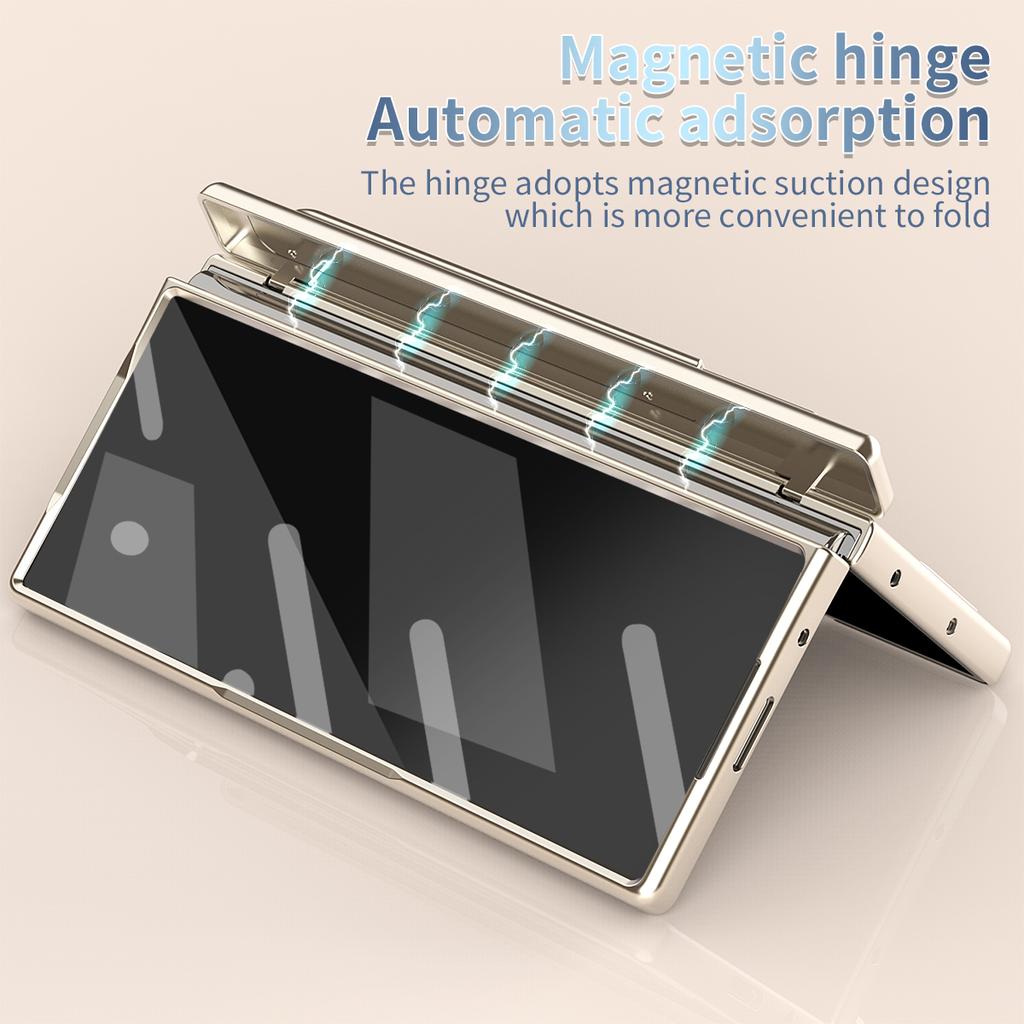 Luxury Phone Case with Pen for Samsung Galaxy Z Fold 4 5 6 7 Electroplated Glass Film Hinge Protection Cover