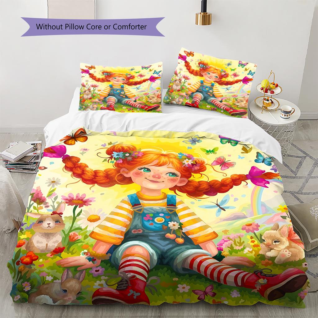 Pippi Longstocking Pattern Bedding,Quilt Set Quilt Cover Pillowcase Home Birthday Gift (1 * Duvet Cover + 2 * Pillowcase, Without Core)