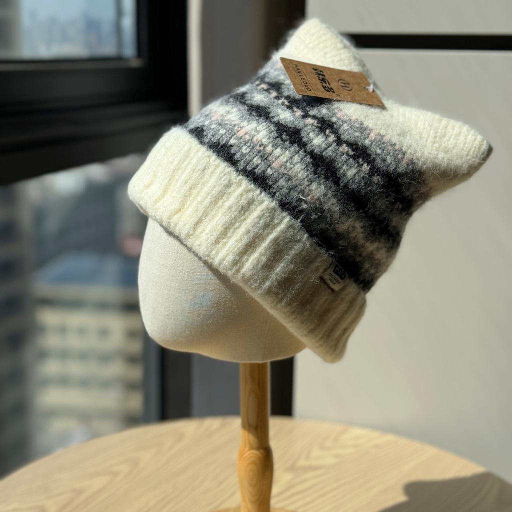 New Fair Isle Style Cat Ear Hat for Women Autumn and Winter Warm and Cute Knitted Hat Ancora Red Ear Protection Woolen Hat
