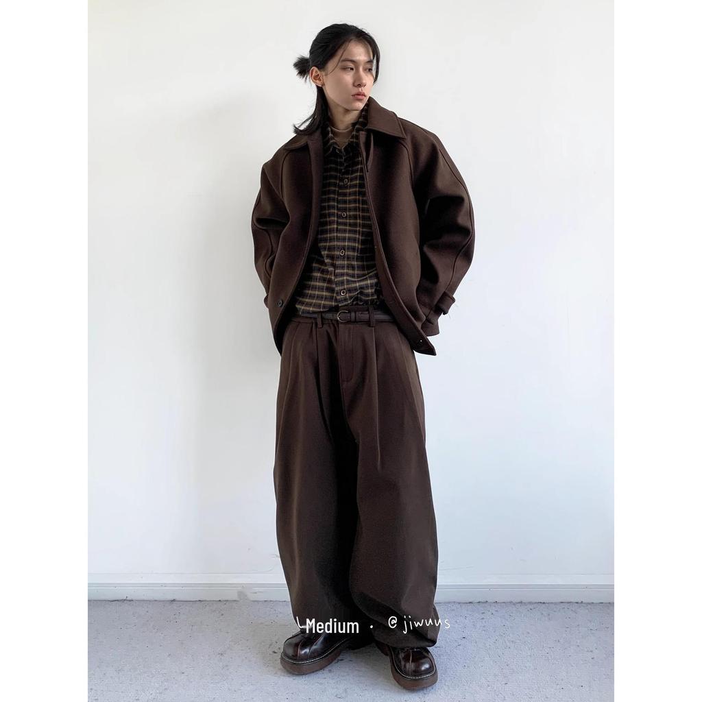 Unisex Retro Coffee Woolen Coat with Raglan Sleeves