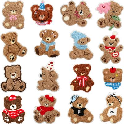 Adesivo de Tecido Bordado Urso com Laço Chapéu de Coco Flor Urso Etiqueta Bordada para Computador Jaqueta Bolsa Adesivo de Patch Urso Marrom