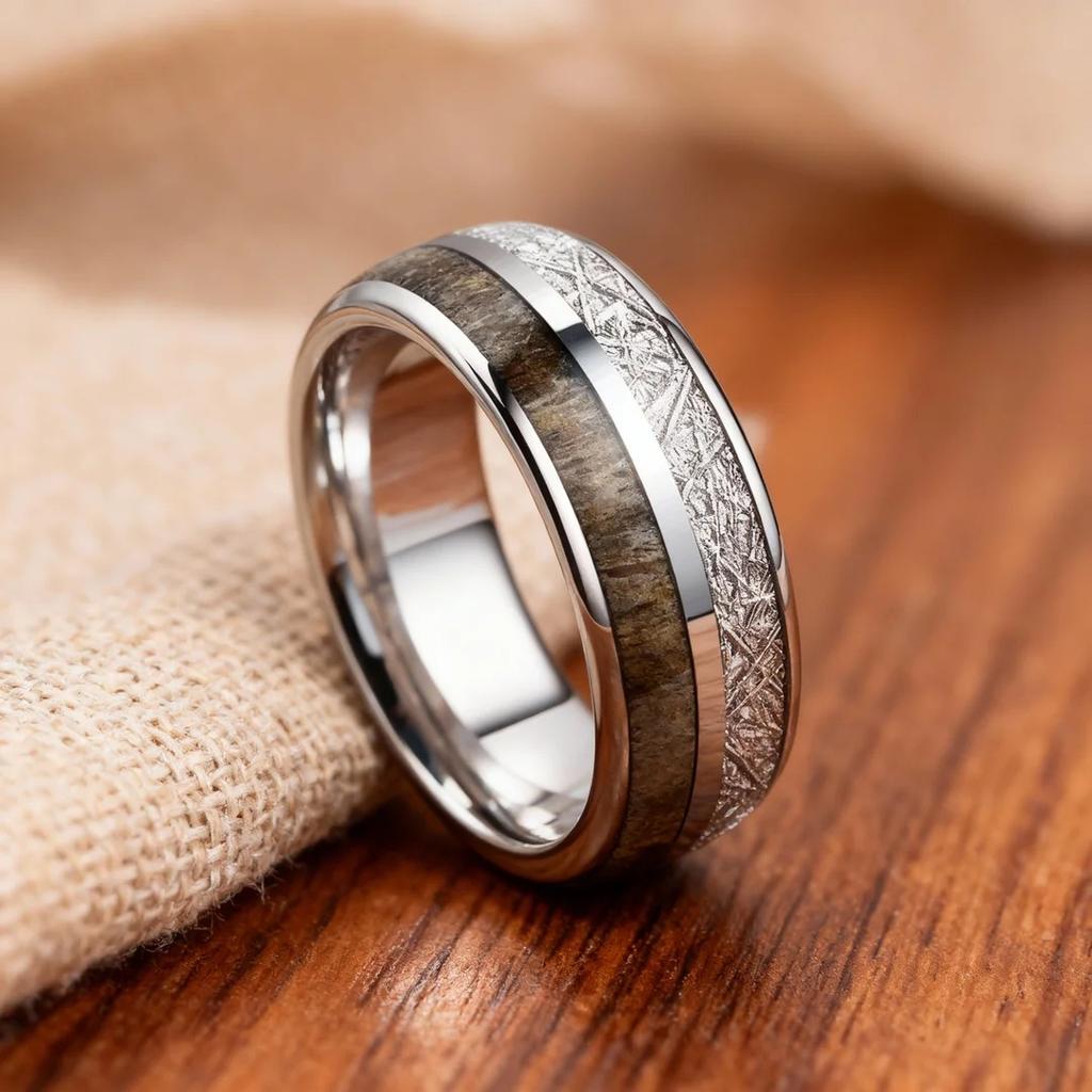 8mm Silver Color Stainless Steel Rings for Men, Meteorite Deer Antler Inlay Dome Engagement Ring, Men Wedding Jewelry