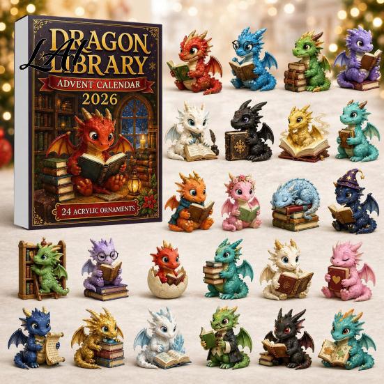 Süße Drachen Geschenksets Adventskalender 2026 24 Tage Buchliebhaber Weihnachten Countdown mit Acryl Bastelornamenten Mini-Drachen Fantasy Buchliebhaber