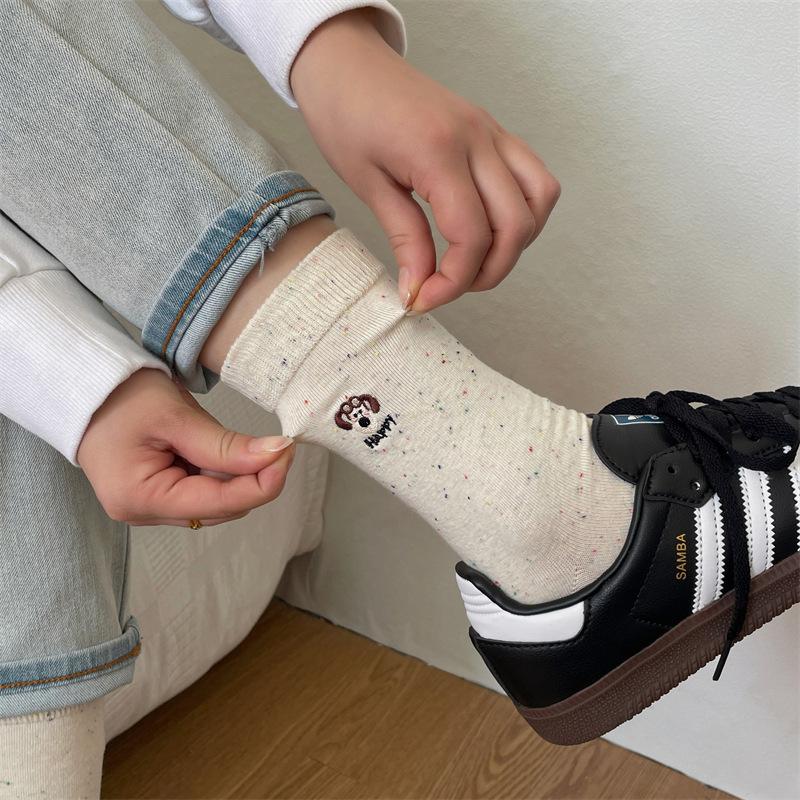 Korean Idea Yarn Embroidery Dog Cute Socks For Women Versatile Cartoon Medium Solid Color College Style Pile Socks