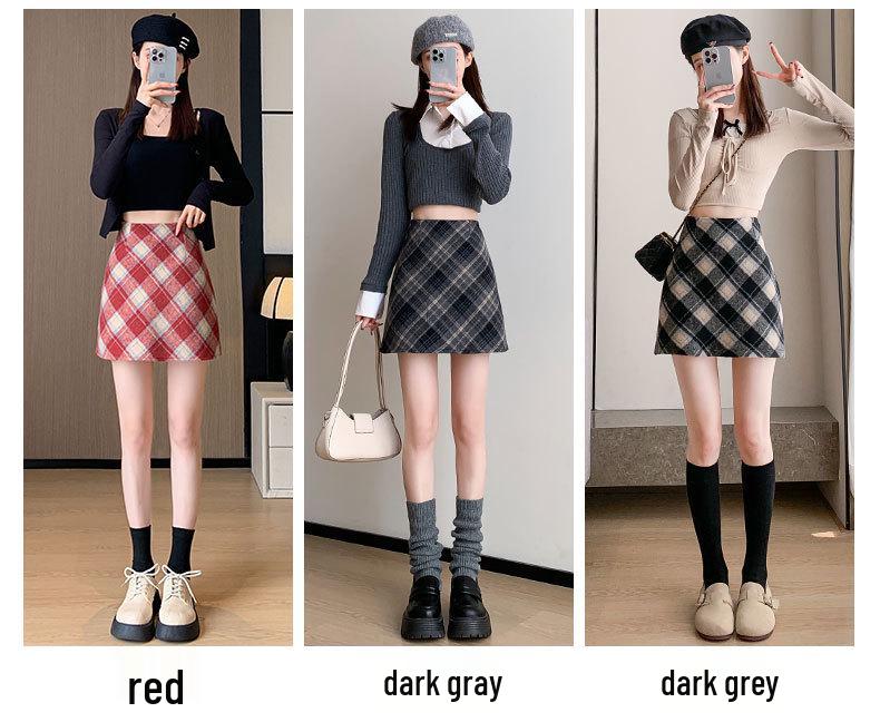 Red Plaid Women's High-Waist A-Line Skirt, Stylish Petite Woolen Skirt for Spring/Autumn 2026.