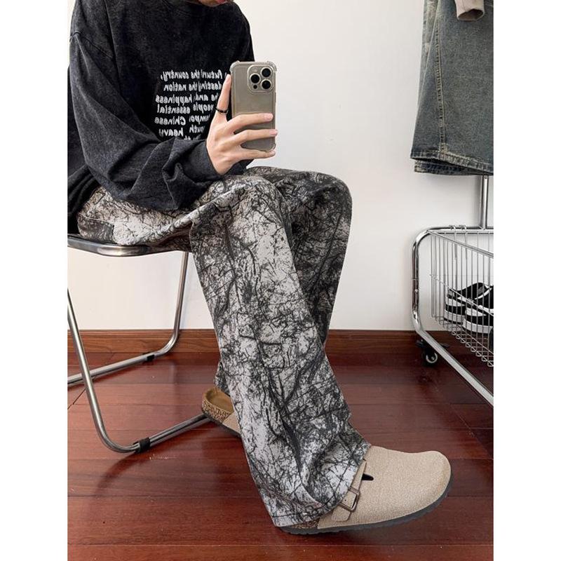 JYL Men s Straight Pants American Tie-Dye Spring High-Street Vibe Loose Sporty Pants 3XL алиса синий